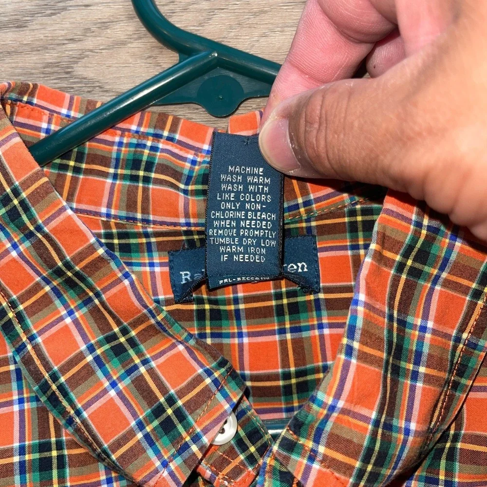 Ralph Lauren Boys XL 18-20 Plaid Button Down Shirt Orange Green Long Sleeve